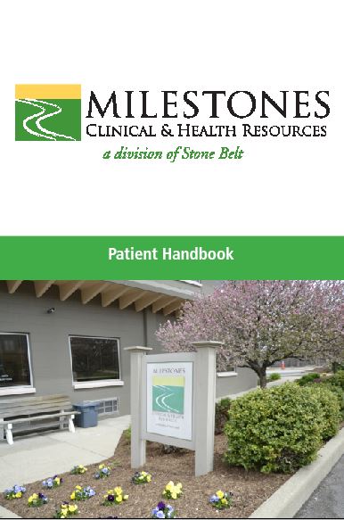 Milestones Handbook featuring a color photo of the Milestones Building with a green stripe across the bottom.